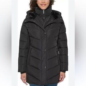 Andrew Marc Women's Mixed Media Hooded Puffer Walker Jacket Large Black